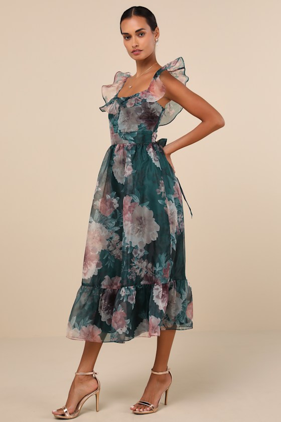 Lulus Sweet Composure Green Floral Organza Off-the-shoulder Midi Dress In Green