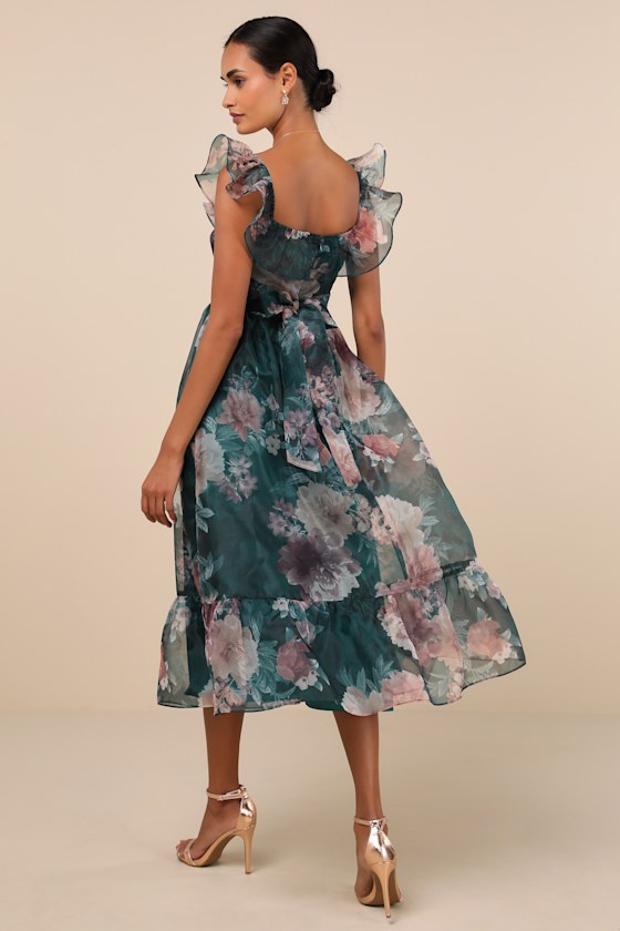 Lulus Sweet Composure Green Floral Organza Off-the-shoulder Midi Dress In Green
