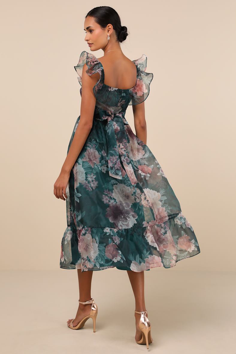 Sweet Composure Green Floral Organza Off-the-Shoulder Midi Dress