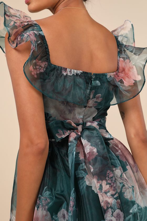 Lulus Sweet Composure Green Floral Organza Off-the-shoulder Midi Dress In Green