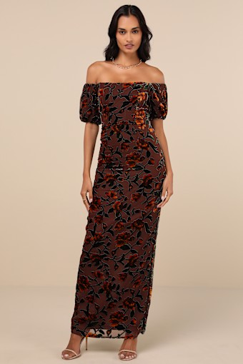 Confidently Impressive Brown Velvet Off-the-Shoulder Maxi Dress 4