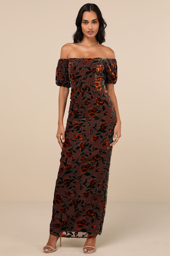 Confidently Impressive Brown Velvet Off-the-Shoulder Maxi Dress 4