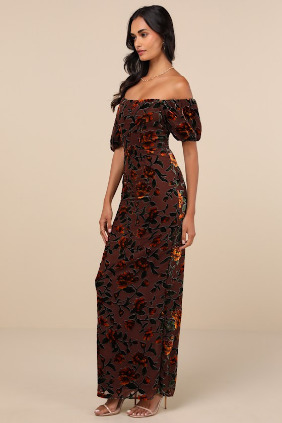 Confidently Impressive Brown Velvet Off-the-Shoulder Maxi Dress 2