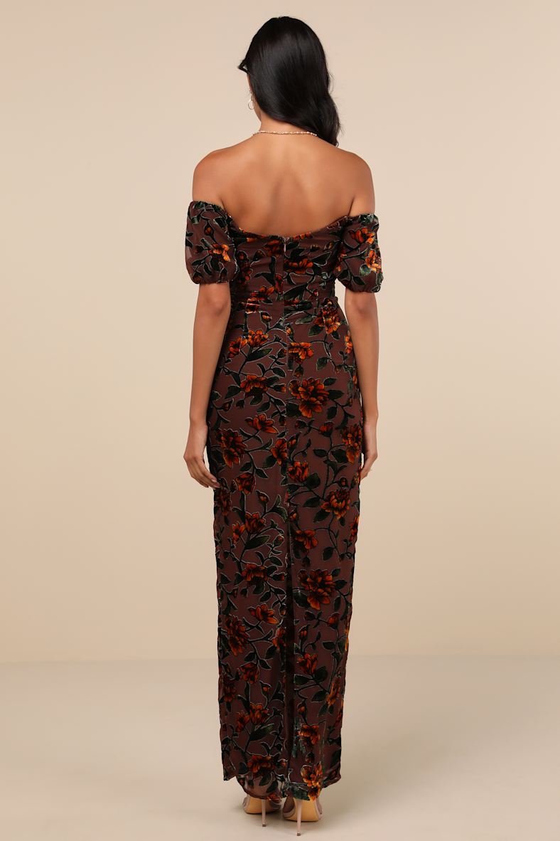 Confidently Impressive Brown Velvet Off-the-Shoulder Maxi Dress