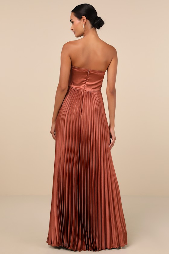 Perfected Elegance Mauve Satin Pleated Strapless Maxi Dress 2