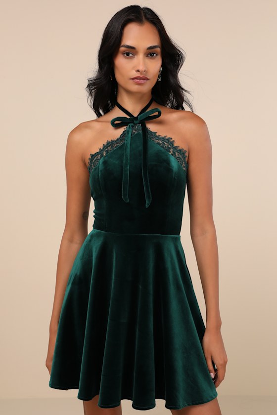 Lulus Ever So Charming Emerald Velvet Lace Halter Skater Mini Dress In Green