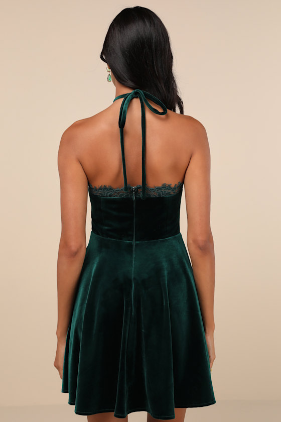 Lulus Ever So Charming Emerald Velvet Lace Halter Skater Mini Dress In Green