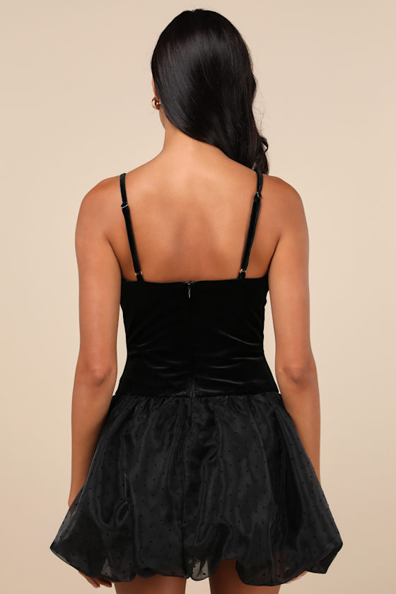 Lulus Coquette Energy Black Polka Dot Velvet Drop Waist Mini Dress In Black