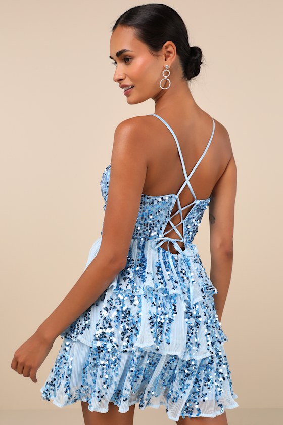 Spectacular Party Light Blue Sequin Tiered Lace-Up Mini Dress 2
