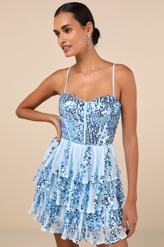 Lulus Spectacular Party Light Blue Sequin Tiered Lace-up Mini Dress In Light Blue