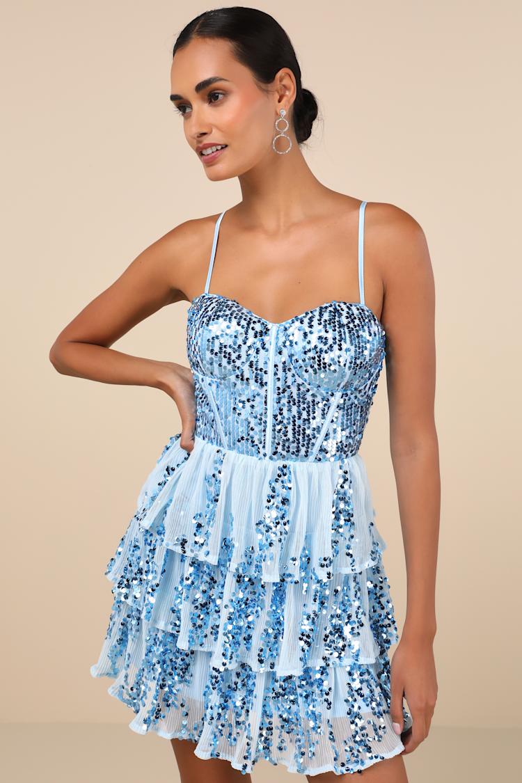 Spectacular Party Light Blue Sequin Tiered Lace-Up Mini Dress