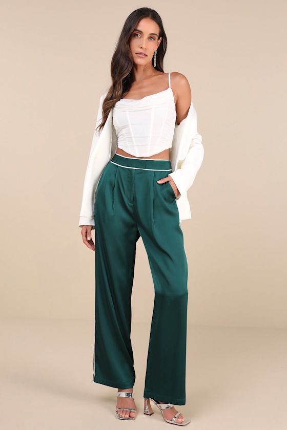 Sophisticated Step Emerald Satin Wide-Leg High-Rise Pants 4