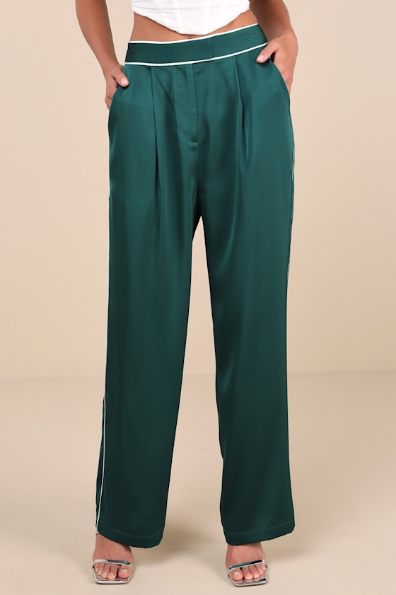 Sophisticated Step Emerald Satin Wide-Leg High-Rise Pants 1