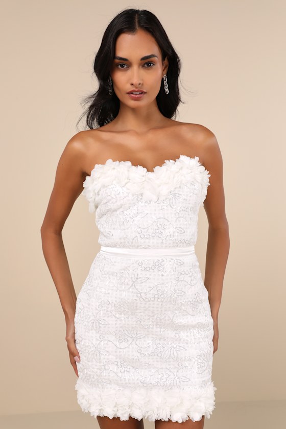 Lulus Ideal Party White Sequin Strapless 3d Floral Mini Dress