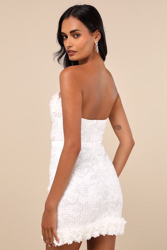 Lulus Ideal Party White Sequin Strapless 3d Floral Mini Dress In White