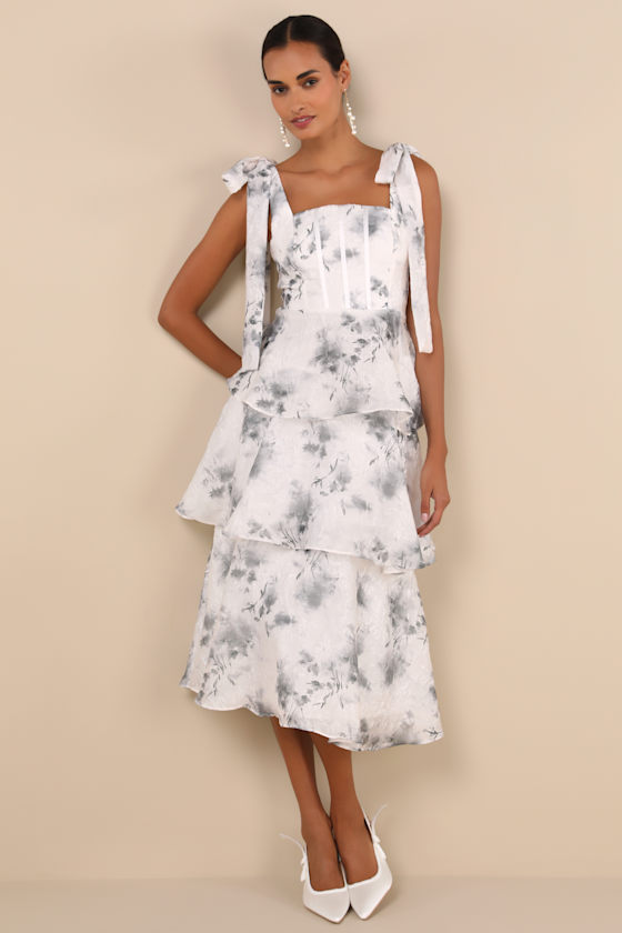 Lulus Compellingly Gorgeous Ivory Floral Tiered Tie-strap Midi Dress In Ivory