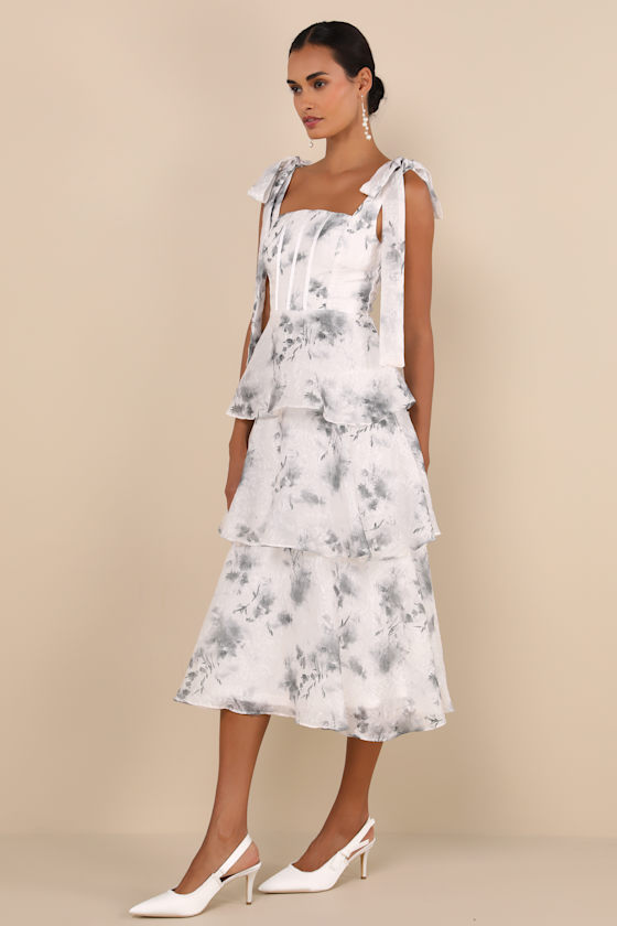 Lulus Compellingly Gorgeous Ivory Floral Tiered Tie-strap Midi Dress In Ivory
