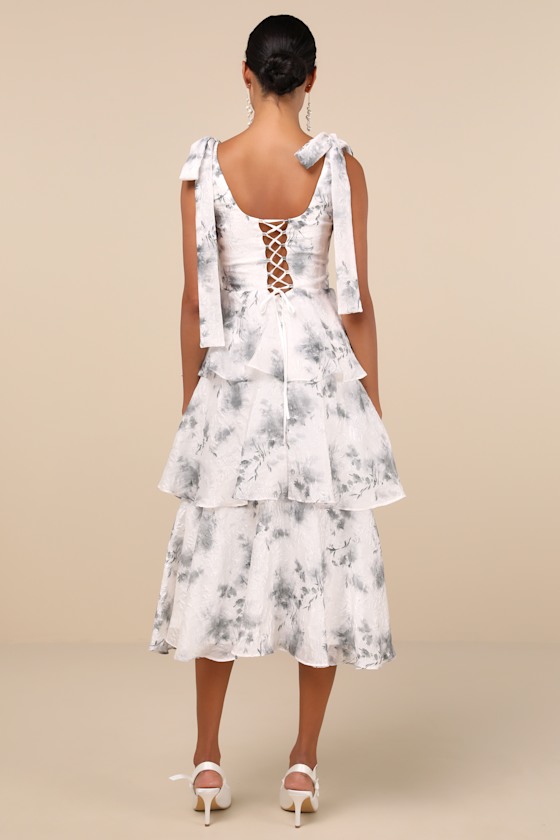Lulus Compellingly Gorgeous Ivory Floral Tiered Tie-strap Midi Dress In Ivory