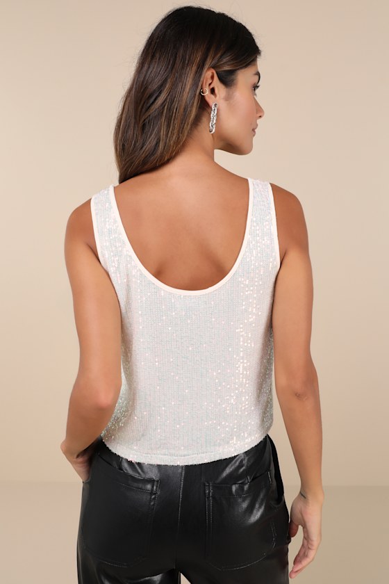 Lulus Flawless Dazzle Cream Iridescent Sequin Scoop Neck Tank Top In White