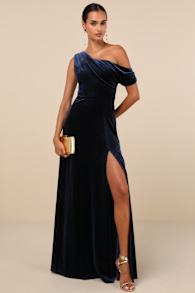 Coveted Confidence Navy Blue Velvet Asymmetrical Maxi Dress 4