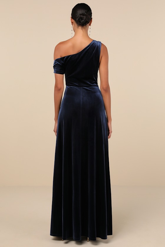 Coveted Confidence Navy Blue Velvet Asymmetrical Maxi Dress - thumbnail 3