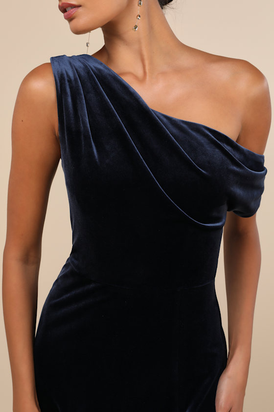 Coveted Confidence Navy Blue Velvet Asymmetrical Maxi Dress - thumbnail 4