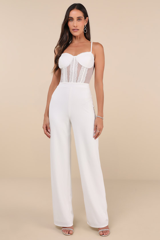 Perfectly Sultry White Sheer Mesh Bustier Wide-Leg Jumpsuit 2