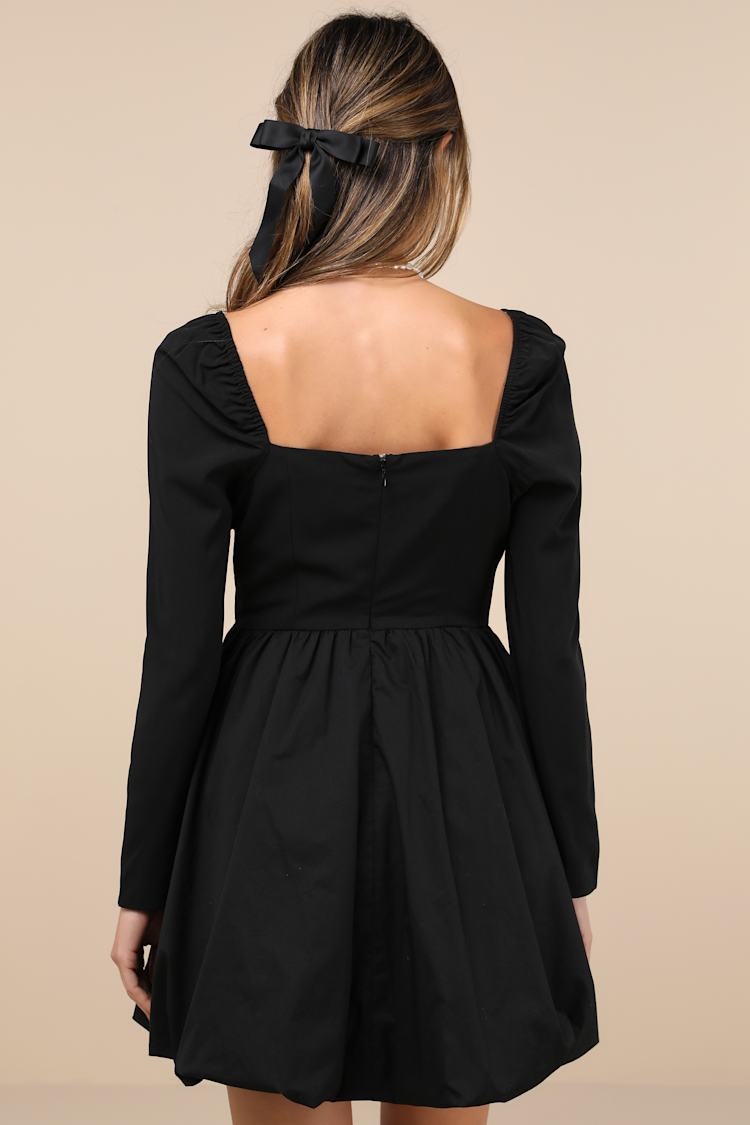 Black Bow Dress - Long Sleeve Mini Dress - Bubble-Hem Mini Dress