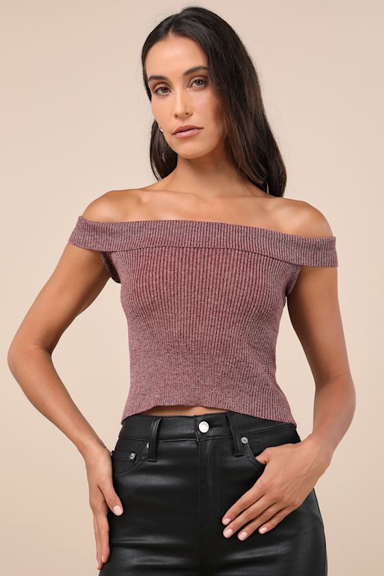 Daisy Street Total Charisma Burgundy Marled Ribbed Off-the-shoulder Crop Top In Burgundy