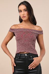 Total Charisma Burgundy Marled Ribbed Off-the-Shoulder Crop Top 1