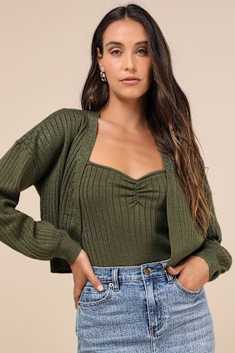 Cutest Duet Olive Green Knit Cami Top and Cardigan Sweater Set 1