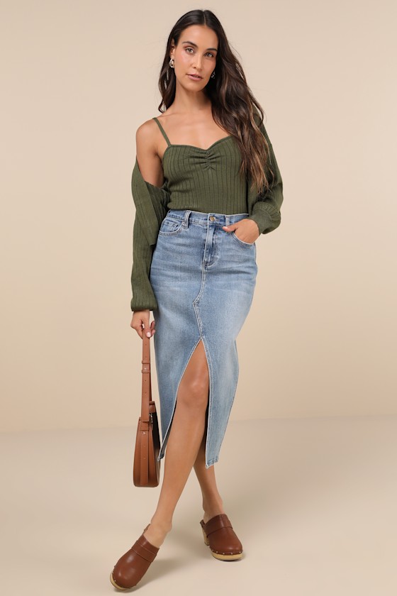 Lulus Cutest Duet Olive Green Knit Cami Top And Cardigan Sweater Set In Olive Green