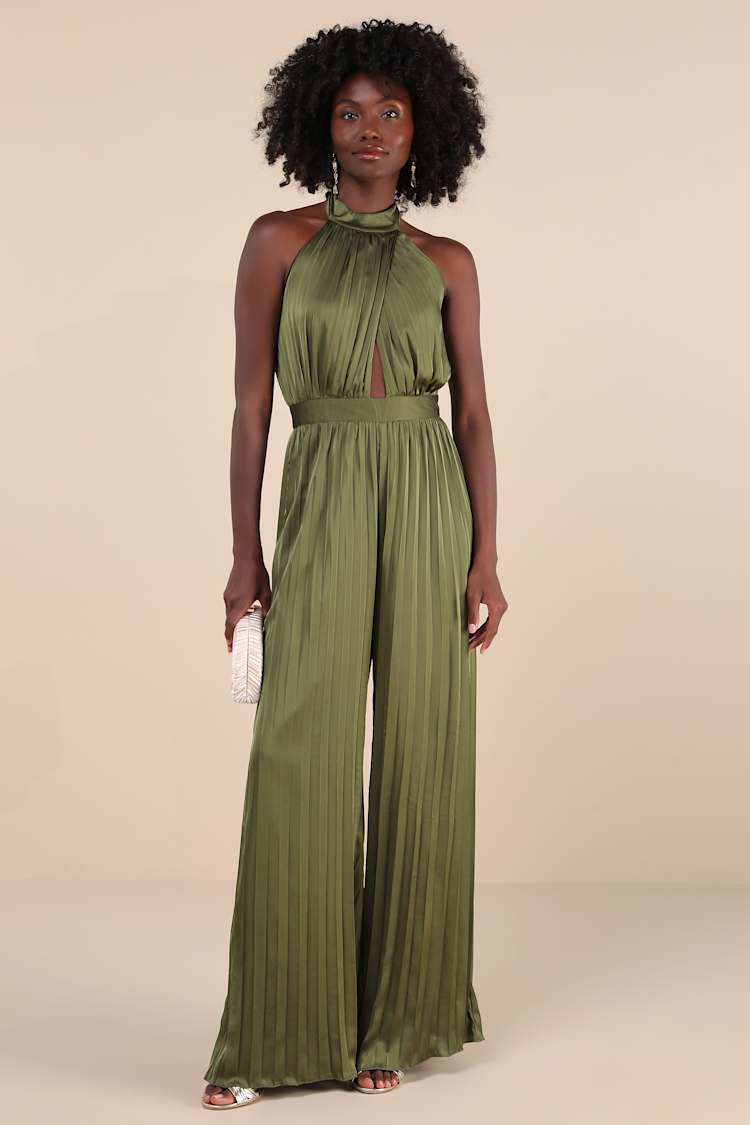 Confident Impression Olive Green Satin Pleated Halter Jumpsuit