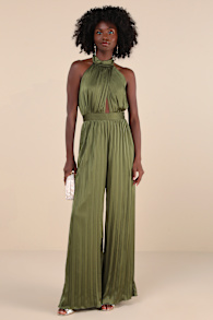 Confident Impression Olive Green Satin Pleated Halter Jumpsuit 2