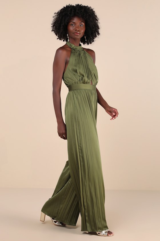 Lulus Confident Impression Olive Green Satin Pleated Halter Jumpsuit In Olive Green