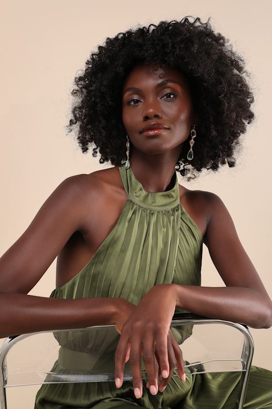 Lulus Confident Impression Olive Green Satin Pleated Halter Jumpsuit In Olive Green