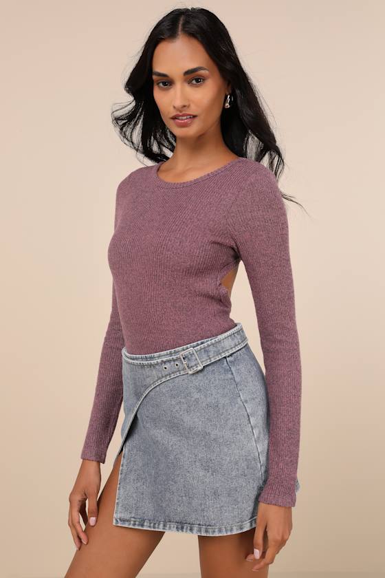 Lulus Everyday Babe Heather Purple Ribbed Long Sleeve Cutout Bodysuit In Purple