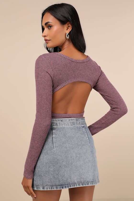 Lulus Everyday Babe Heather Purple Ribbed Long Sleeve Cutout Bodysuit In Purple