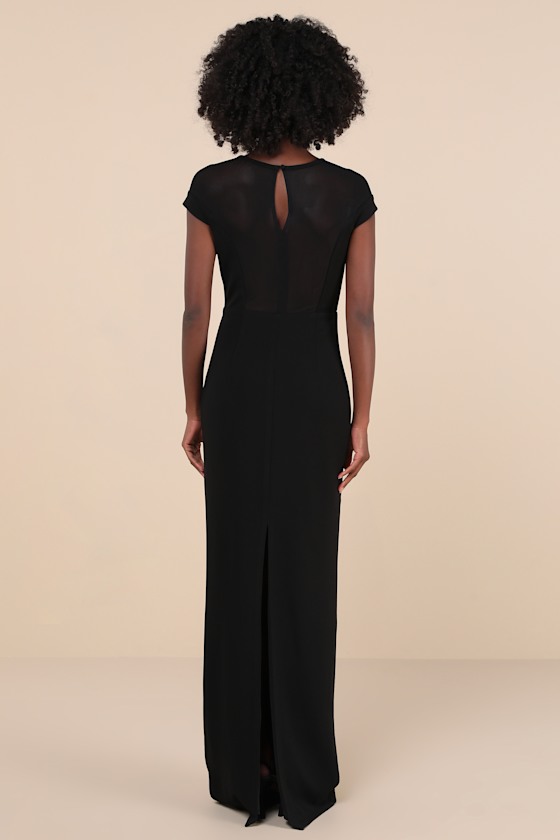 LULUS TRULY MYSTERIOUS BLACK SHEER MESH CAP SLEEVE MAXI DRESS