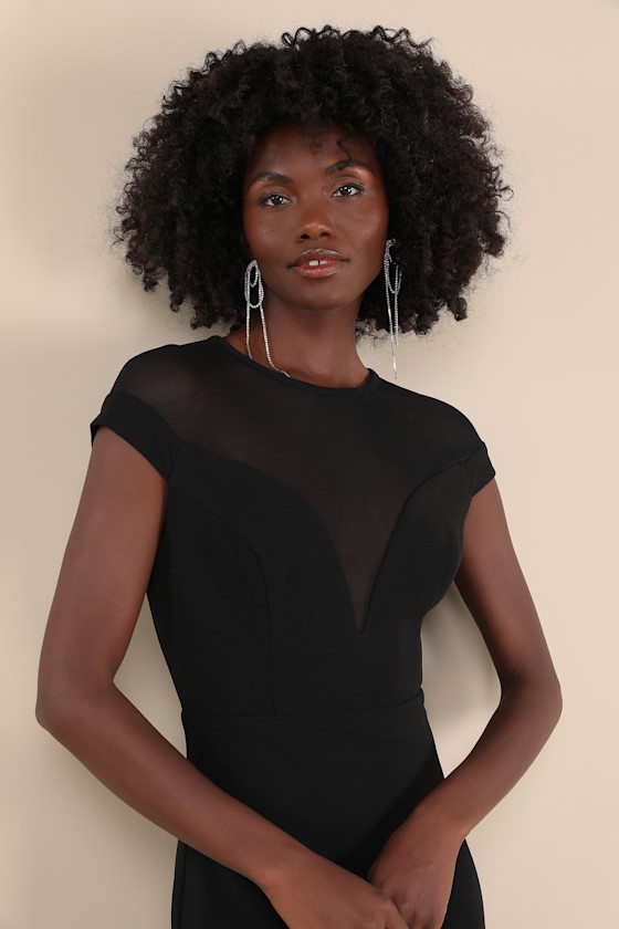 LULUS TRULY MYSTERIOUS BLACK SHEER MESH CAP SLEEVE MAXI DRESS