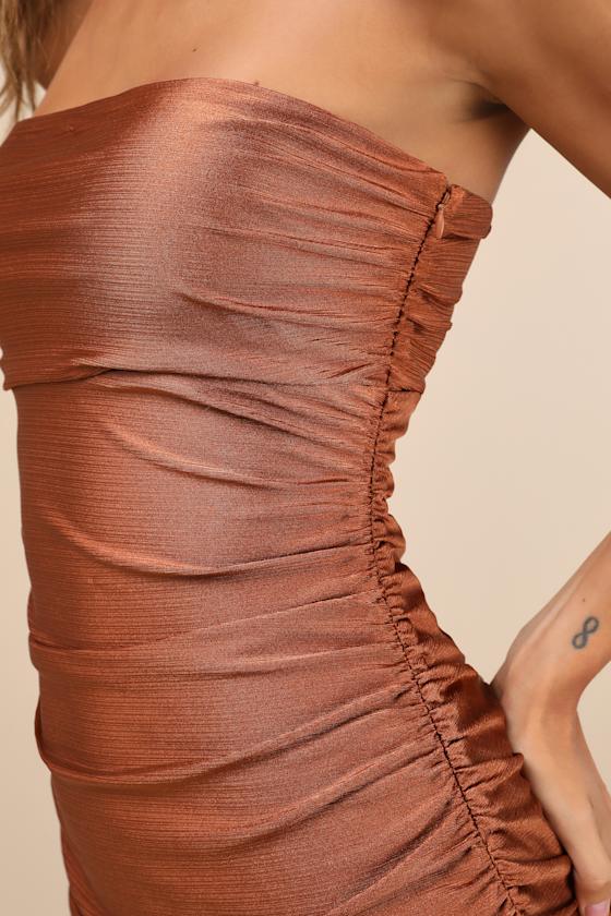 Lulus Gorgeous Reputation Copper Brown Strapless Ruched Midi Dress In Brown