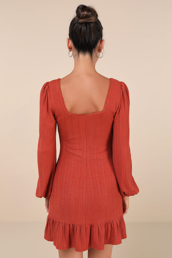 Lulus Coveted Sweetness Rust Pointelle Knit Long Sleeve Mini Dress In Orange