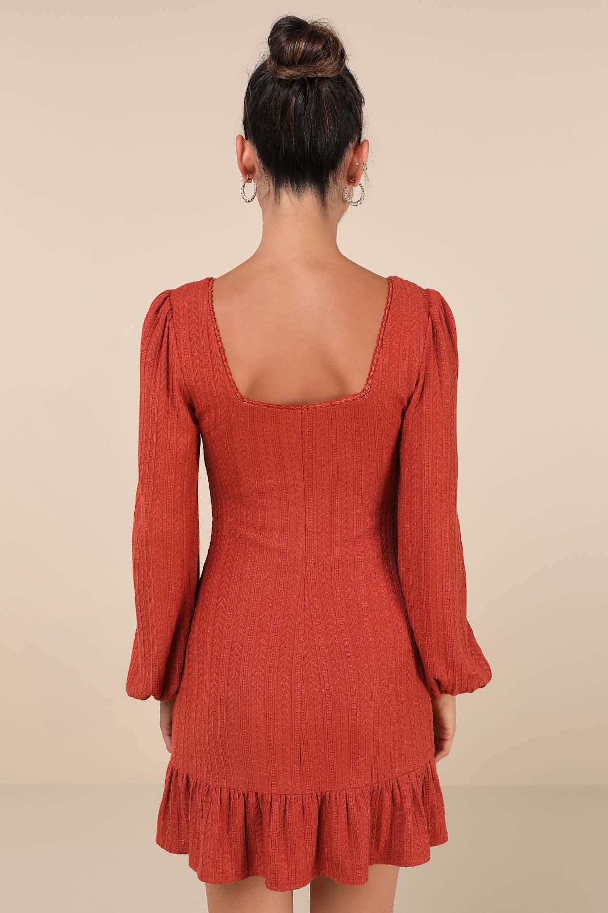 Coveted Sweetness Rust Pointelle Knit Long Sleeve Mini Dress