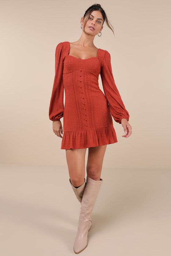 Lulus Coveted Sweetness Rust Pointelle Knit Long Sleeve Mini Dress In Orange