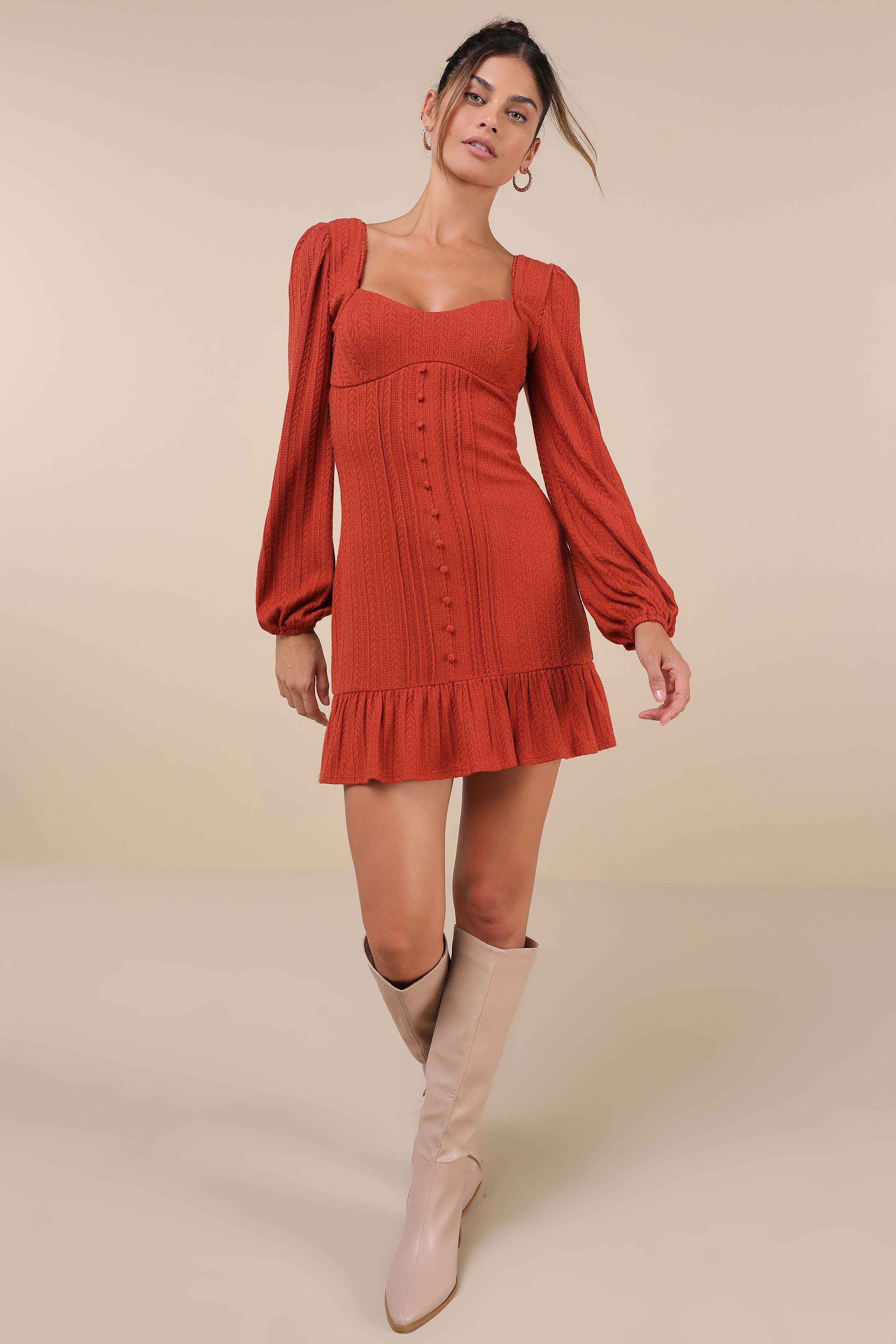 Coveted Sweetness Rust Pointelle Knit Long Sleeve Mini Dress