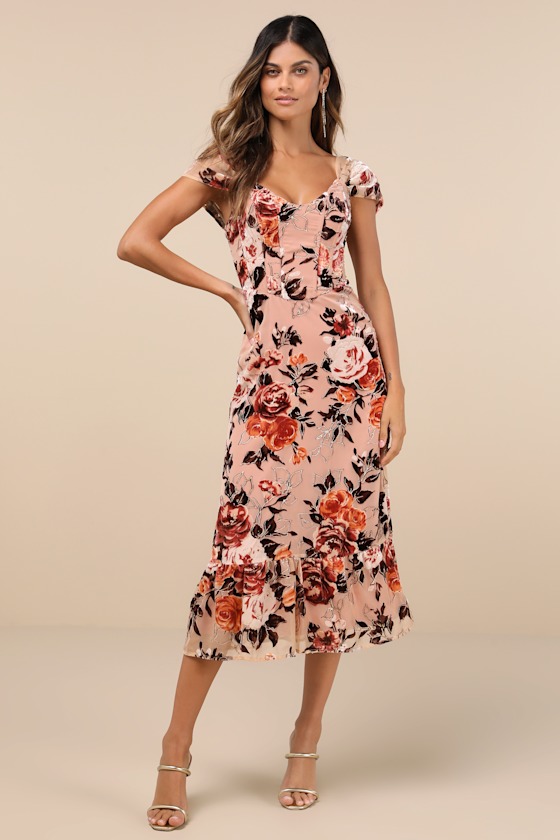 Lulus Composed Beauty Blush Pink Burnout Velvet Floral Midi Dress In Blush Pink