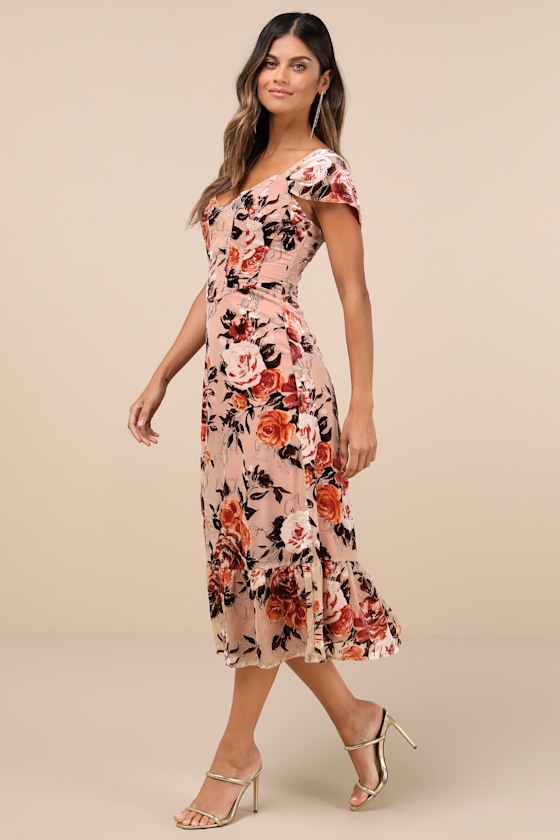 Lulus Composed Beauty Blush Pink Burnout Velvet Floral Midi Dress In Blush Pink