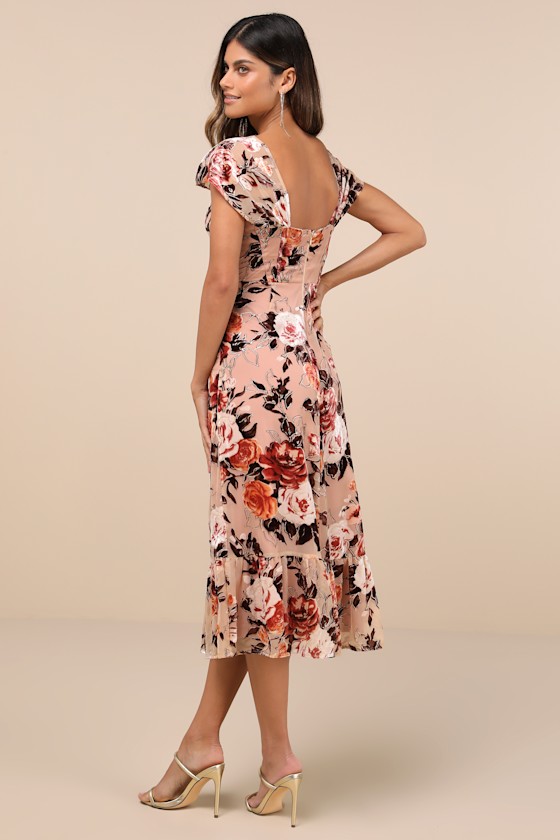 Lulus Composed Beauty Blush Pink Burnout Velvet Floral Midi Dress In Blush Pink