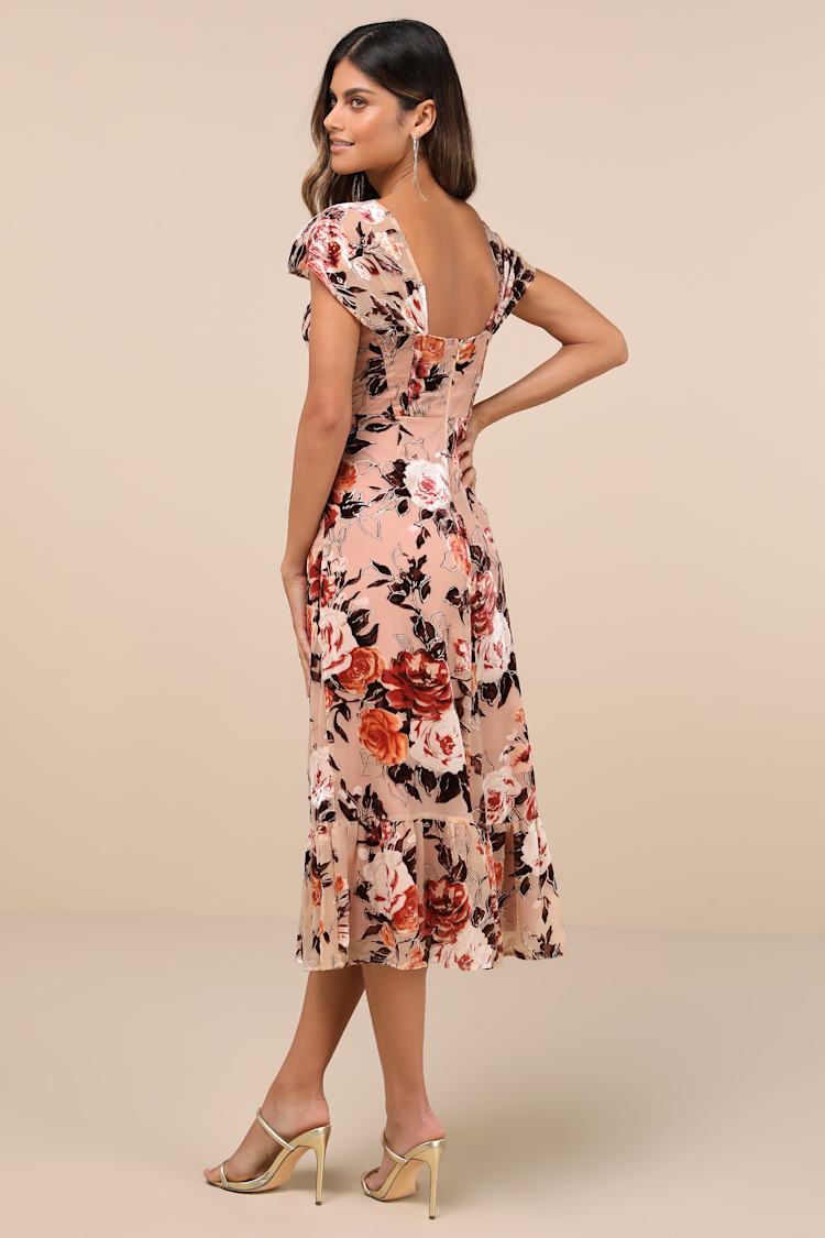 Composed Beauty Blush Pink Burnout Velvet Floral Midi Dress