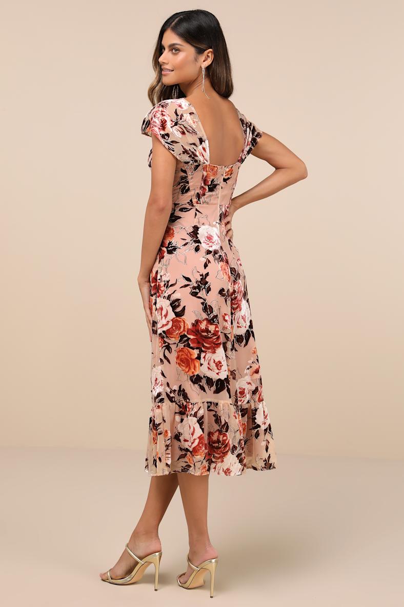 Composed Beauty Blush Pink Burnout Velvet Floral Midi Dress